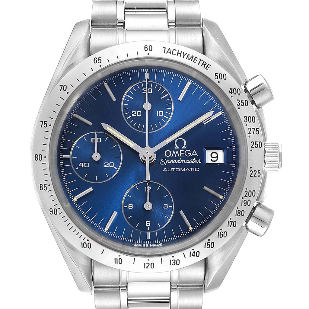 This image shows a front view of an Omega Speedmaster 3511.80.00 Men
s Stainless Steel Blue Dial 3511.80.00 Men
s Stainless Steel Blue Dial watch, displaying the face, chronograph subdials, date window, and stainless steel bracelet.