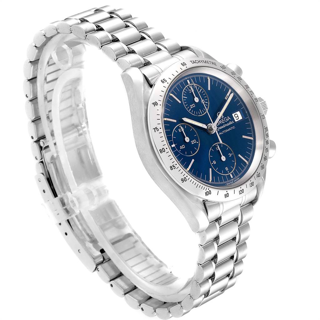 The Omega Speedmaster 3511.80.00 Men
s Stainless Steel Blue Dial 3511.80.00 Men
s Stainless Steel Blue Dial watch is shown at a slight angle, displaying the blue dial, tachymeter bezel, and metal bracelet.