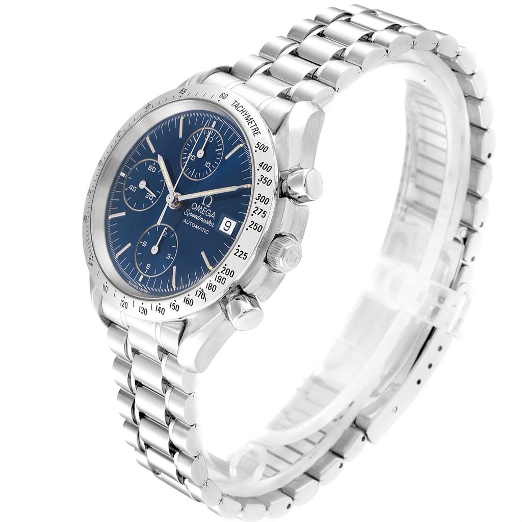 The Omega Speedmaster 3511.80.00 Men
s Stainless Steel Blue Dial 3511.80.00 Men
s Stainless Steel Blue Dial watch is shown from a three-quarter angle, highlighting the bracelet, bezel, face, and pushers.