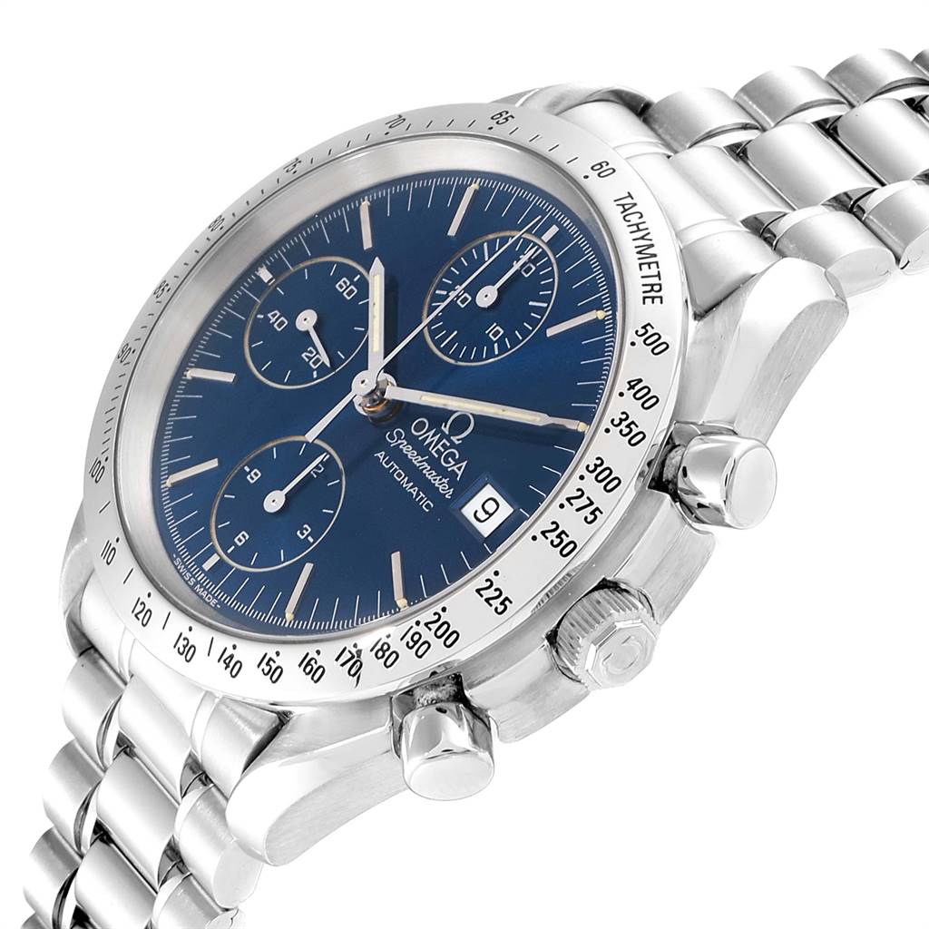The Omega Speedmaster 3511.80.00 Men
s Stainless Steel Blue Dial 3511.80.00 Men
s Stainless Steel Blue Dial watch is shown at a slight angle, highlighting its face, tachymeter bezel, crown, and bracelet.