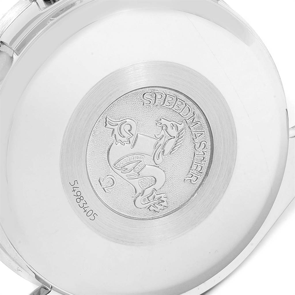 The image shows the case back of an Omega Speedmaster 3511.80.00 Men
s Stainless Steel Blue Dial 3511.80.00 Men
s Stainless Steel Blue Dial watch, featuring the brand logo and serial number.