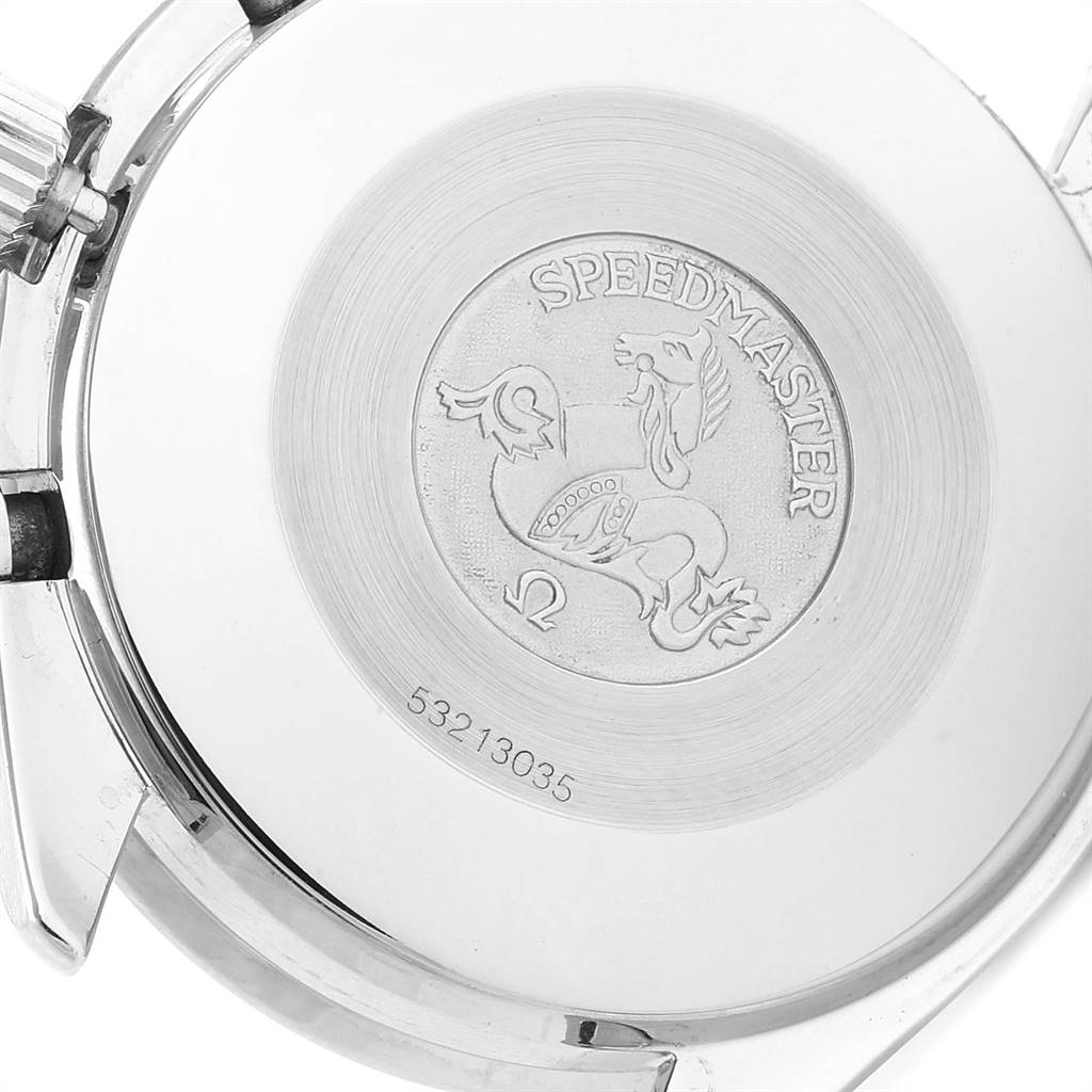 This image shows the engraved caseback of an Omega Speedmaster 3510.20.00 Men
s Stainless Steel White Dial 3510.20.00 Men
s Stainless Steel White Dial watch.