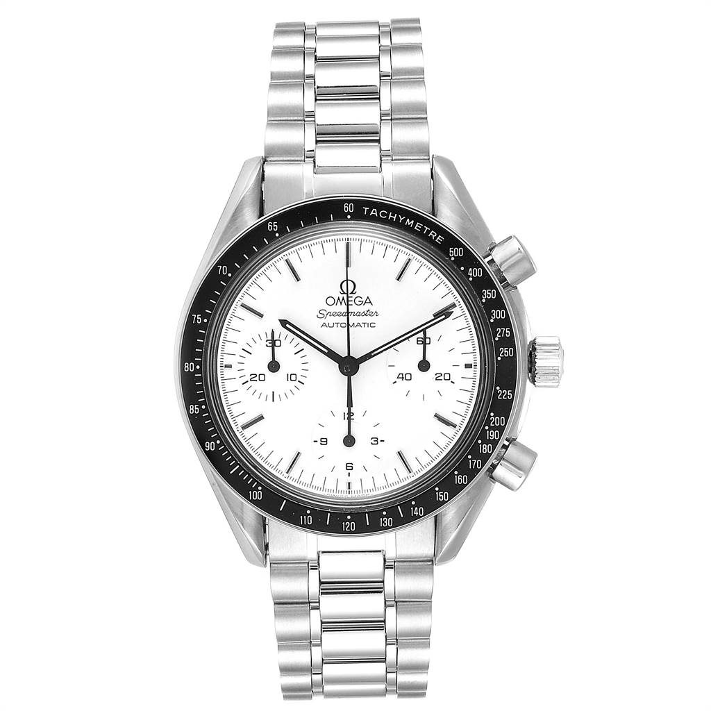 The image shows a front view of the Omega Speedmaster 3510.20.00 Men
s Stainless Steel White Dial 3510.20.00 Men
s Stainless Steel White Dial watch with the face, bezel, crown, pushers, and bracelet visible.