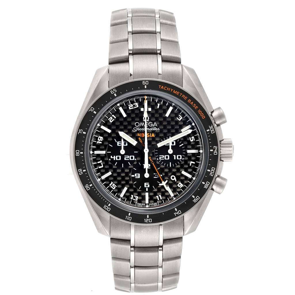 This is a frontal view of the Omega Speedmaster 321.90.44.52.01.001 Men's Titanium Black Dial 321.90.44.52.01.001 Men's Titanium Black Dial watch, displaying its face, bezel, dial, and metal bracelet.