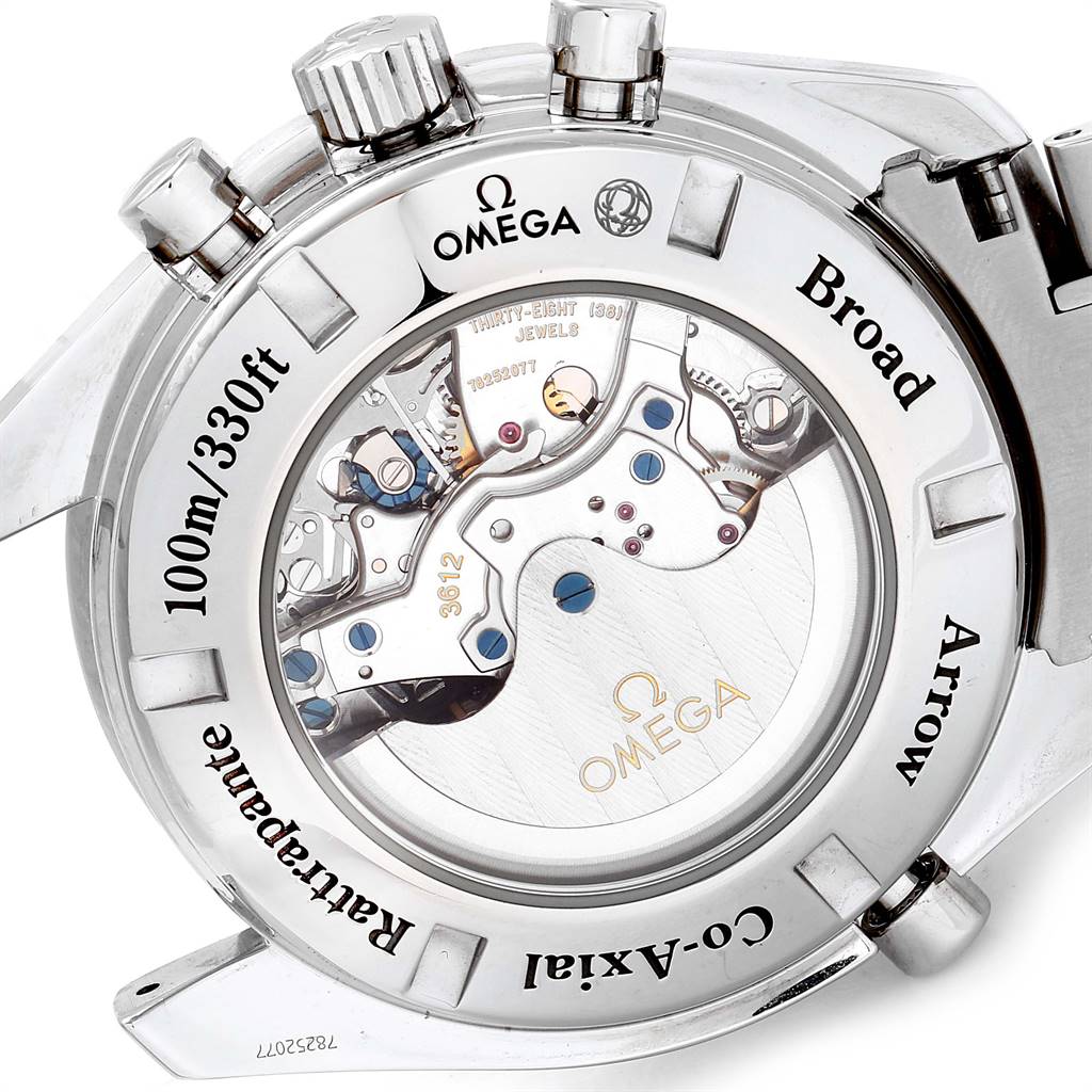 The image shows the back view of an Omega Speedmaster 3582.31.00 Men
s Stainless Steel Silver Dial 3582.31.00 Men
s Stainless Steel Silver Dial watch, revealing the movement and inner mechanisms.