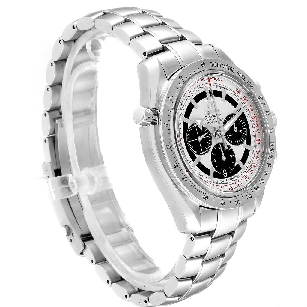 The Omega Speedmaster 3582.31.00 Men
s Stainless Steel Silver Dial 3582.31.00 Men
s Stainless Steel Silver Dial watch is shown at an oblique angle, showcasing the dial, bezel, crown, and metal bracelet.