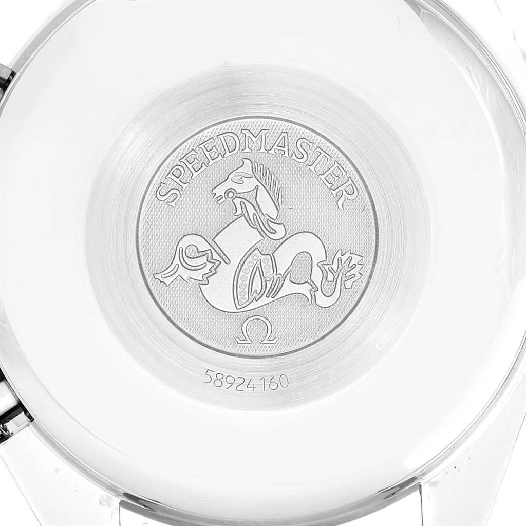 The image shows the case back of an Omega Speedmaster 3523.80.00 Men
s Stainless Steel Blue Dial 3523.80.00 Men
s Stainless Steel Blue Dial watch, featuring the Speedmaster logo and serial number.