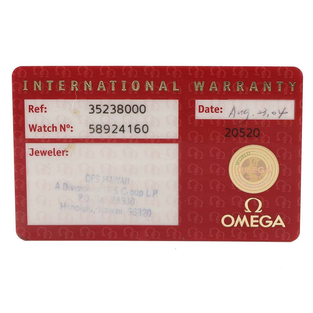 This image shows an Omega Speedmaster 3523.80.00 Men
s Stainless Steel Blue Dial 3523.80.00 Men
s Stainless Steel Blue Dial International Warranty card displaying the reference number, watch number, jeweler, and date.