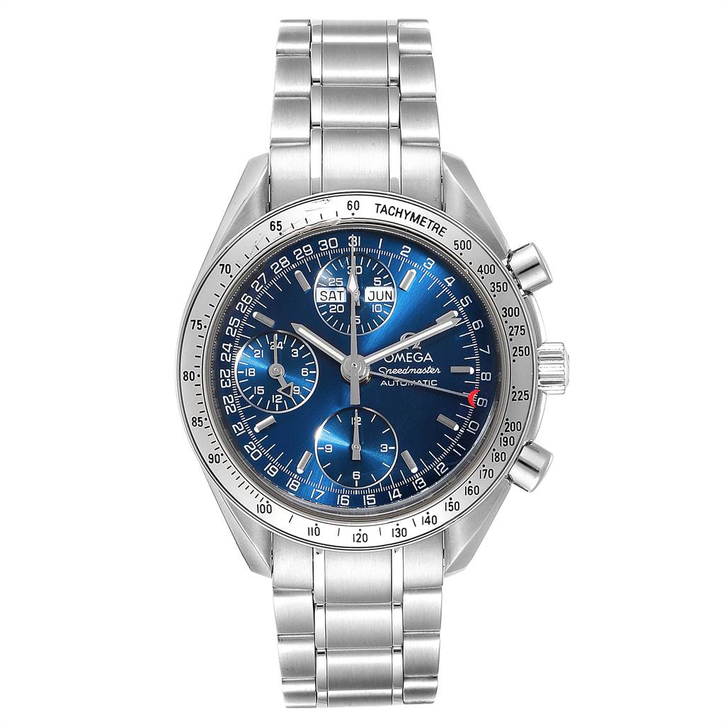 The Omega Speedmaster 3523.80.00 Men
s Stainless Steel Blue Dial 3523.80.00 Men
s Stainless Steel Blue Dial watch is shown from a front angle, highlighting its blue dial, chronograph subdials, and stainless steel bracelet.