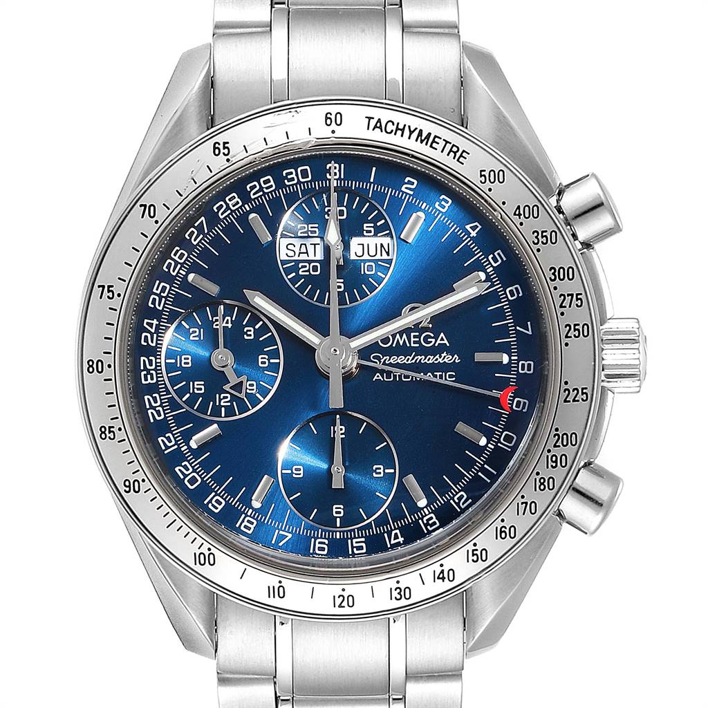 The image shows a frontal view of an Omega Speedmaster 3523.80.00 Men
s Stainless Steel Blue Dial 3523.80.00 Men
s Stainless Steel Blue Dial watch highlighting its blue dial, tachymeter, chronograph subdials, and metal bracelet.
