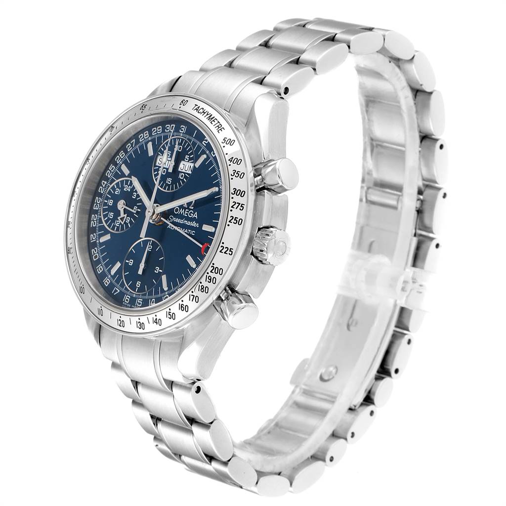 The image shows an angled side view of an Omega Speedmaster 3523.80.00 Men
s Stainless Steel Blue Dial 3523.80.00 Men
s Stainless Steel Blue Dial watch featuring its dial, bezel, crown, pushers, and stainless steel bracelet.