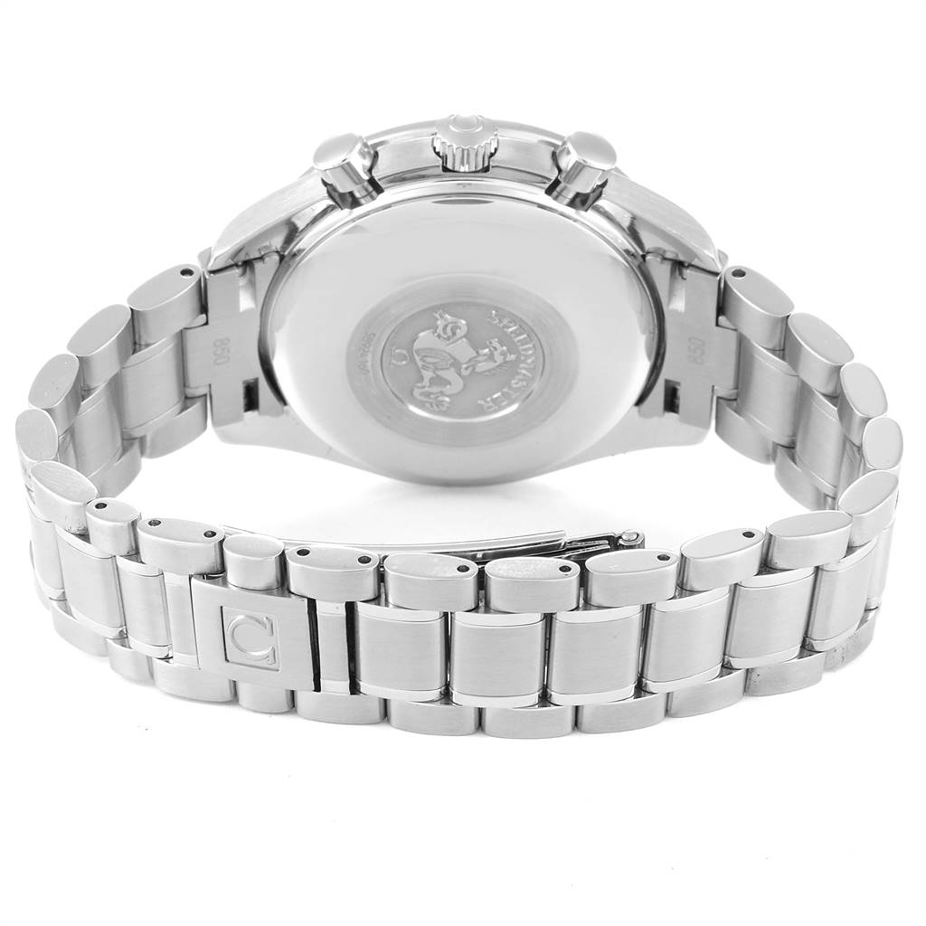 This image shows the back case and bracelet of an Omega Speedmaster 3523.80.00 Men
s Stainless Steel Blue Dial 3523.80.00 Men
s Stainless Steel Blue Dial watch from a rear view angle.