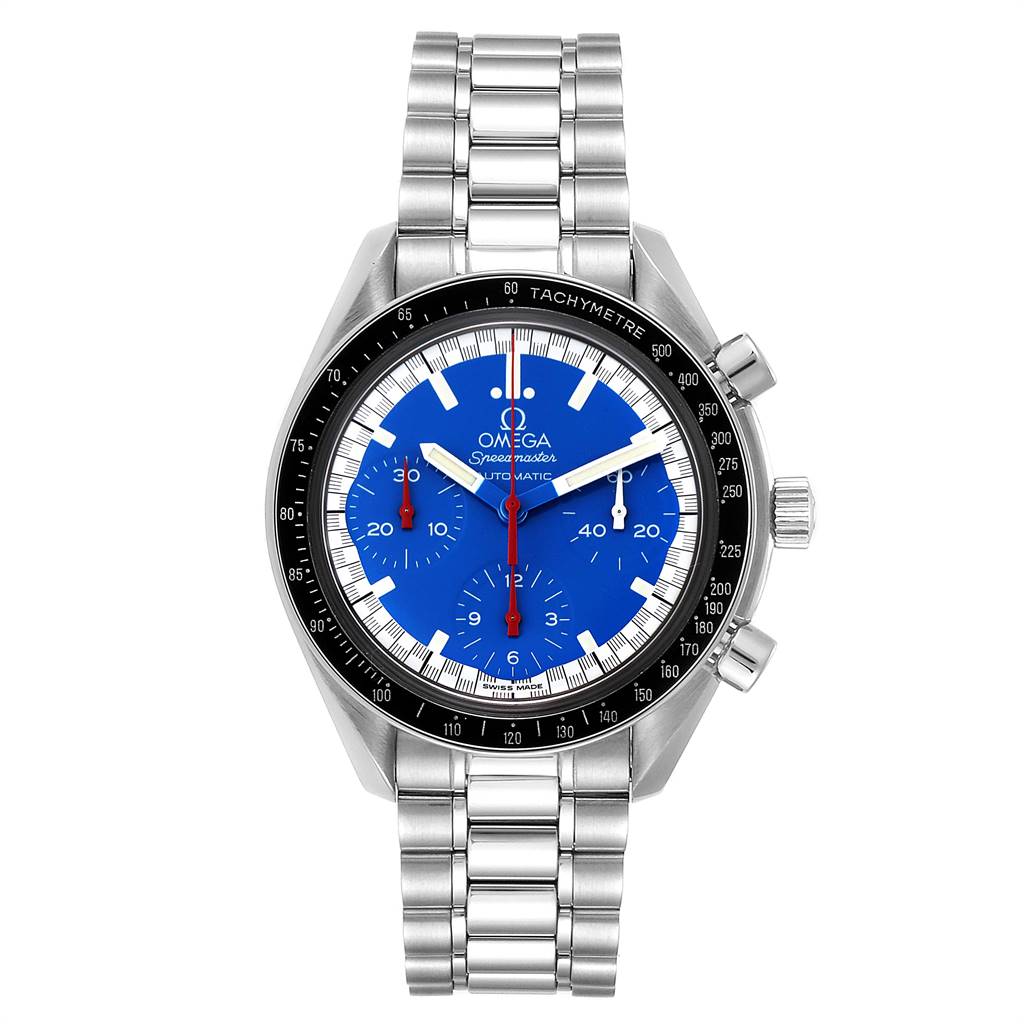 The image shows a front view of the Omega Speedmaster 3510.81.00 Men
s Stainless Steel Blue Dial 3510.81.00 Men
s Stainless Steel Blue Dial watch, highlighting its blue dial, stainless steel bracelet, and chronograph features.