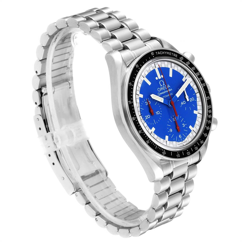 This Omega Speedmaster 3510.81.00 Men
s Stainless Steel Blue Dial 3510.81.00 Men
s Stainless Steel Blue Dial watch is shown from an angled side view, highlighting the bracelet, case, and tachymeter bezel.