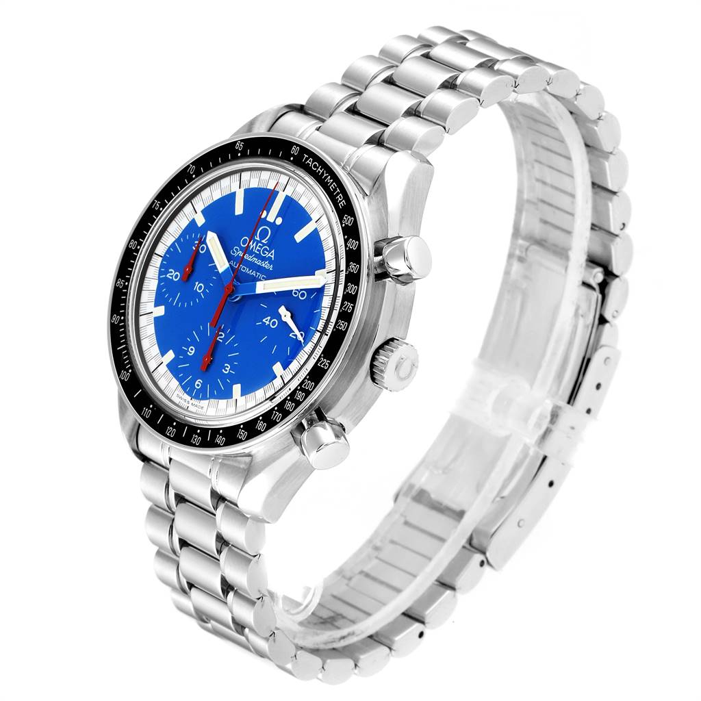 This is an Omega Speedmaster 3510.81.00 Men
s Stainless Steel Blue Dial 3510.81.00 Men
s Stainless Steel Blue Dial watch shown at a three-quarter angle, highlighting the face, bezel, and bracelet.