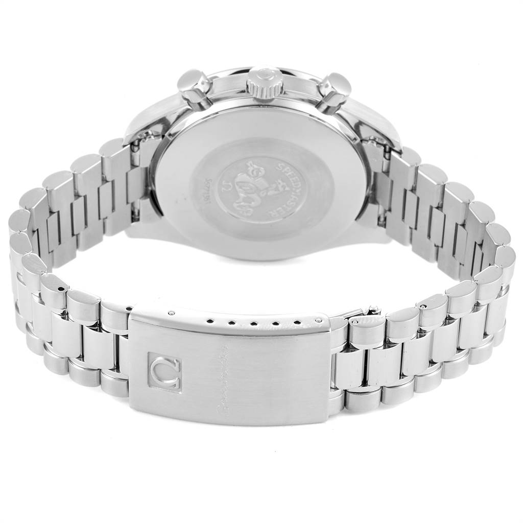 The image shows the back and clasp of the stainless steel Omega Speedmaster 3510.81.00 Men
s Stainless Steel Blue Dial 3510.81.00 Men
s Stainless Steel Blue Dial watch from a rear angle.