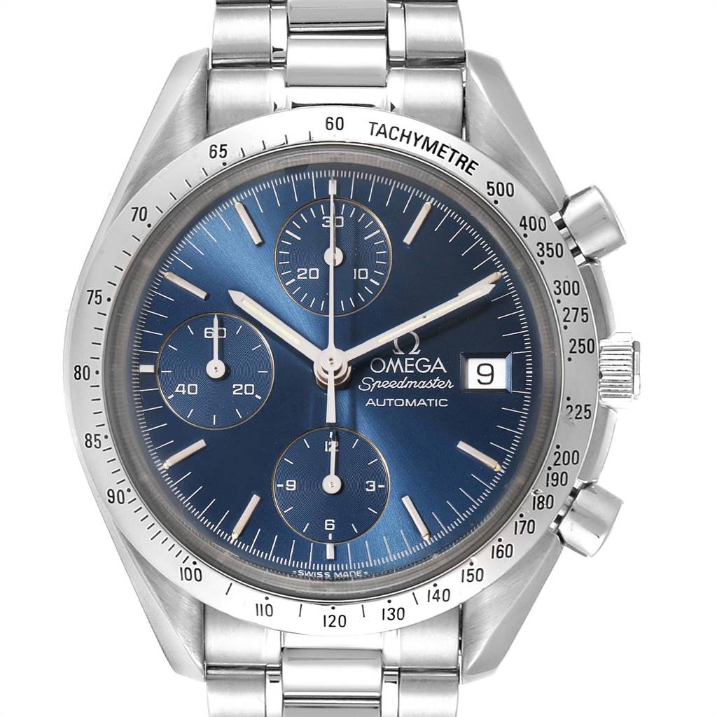 This is a front view of the Omega Speedmaster 3511.80.00 Men
s Stainless Steel Blue Dial 3511.80.00 Men
s Stainless Steel Blue Dial, showcasing its dial, chronograph subdials, bezel, and date window.