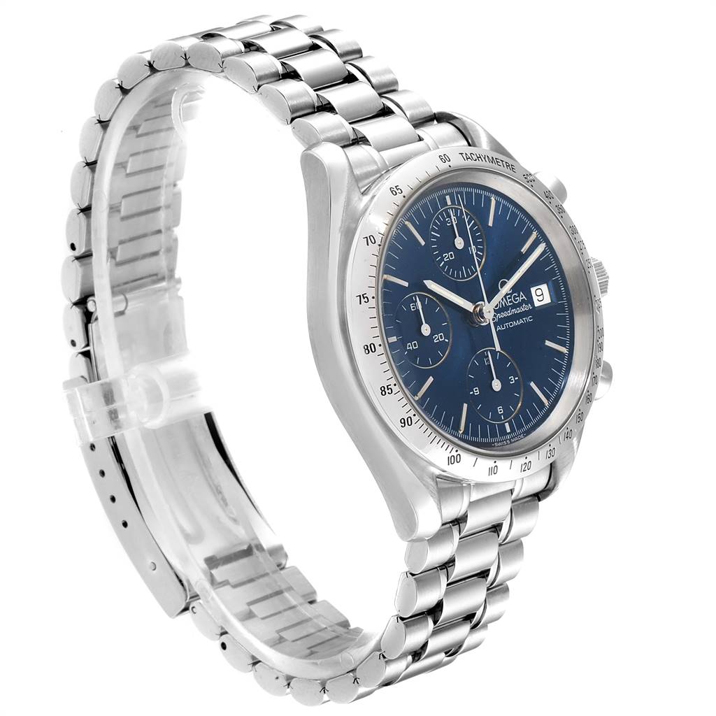 The image shows an angled side view of the Omega Speedmaster 3511.80.00 Men
s Stainless Steel Blue Dial 3511.80.00 Men
s Stainless Steel Blue Dial watch, highlighting the dial, bracelet, and side buttons.