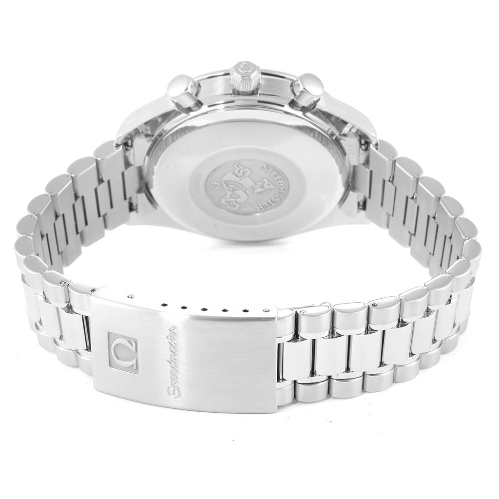 The image shows the backside and the bracelet clasp of an Omega Speedmaster 3511.80.00 Men
s Stainless Steel Blue Dial 3511.80.00 Men
s Stainless Steel Blue Dial watch from a rear angle.