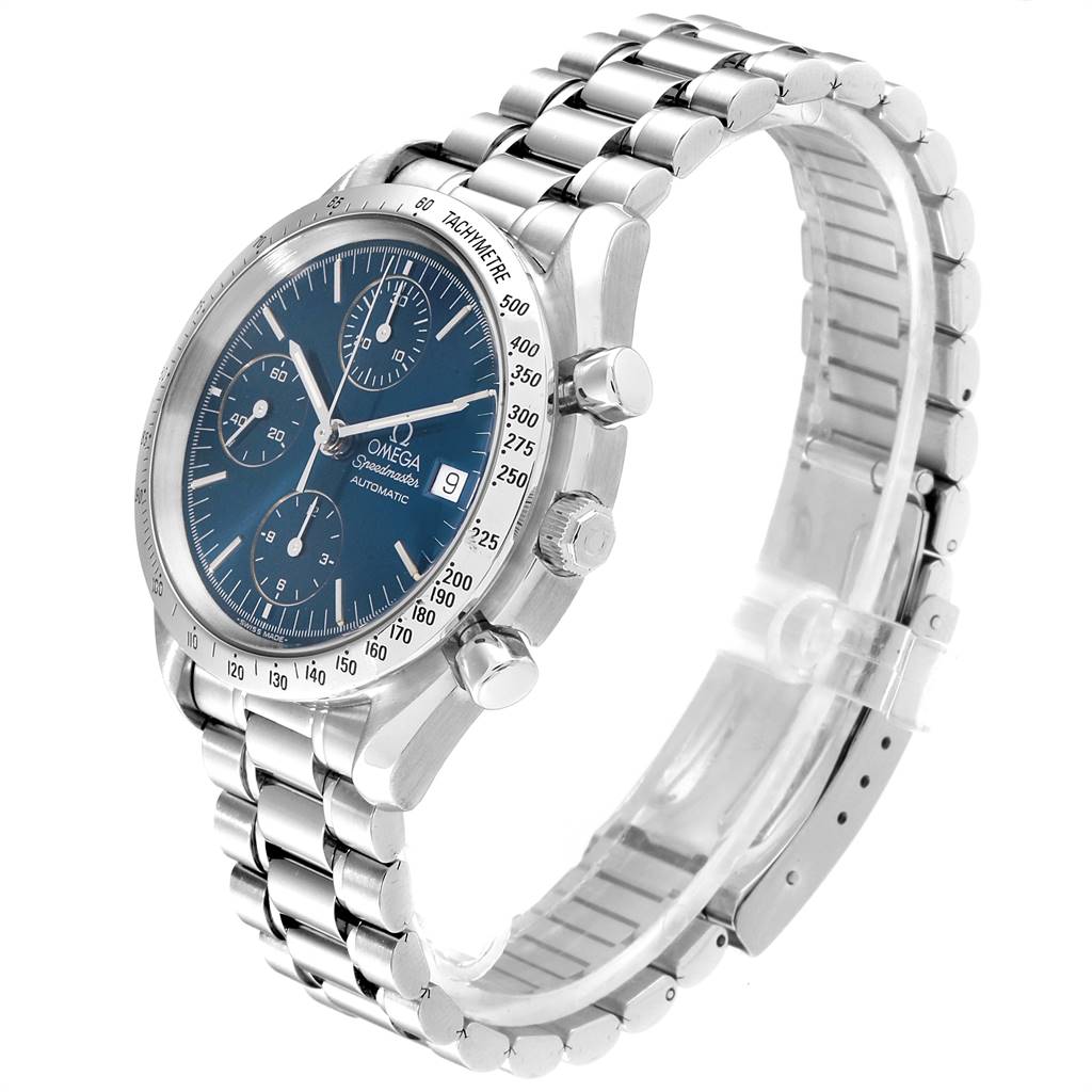 The Omega Speedmaster 3511.80.00 Men
s Stainless Steel Blue Dial 3511.80.00 Men
s Stainless Steel Blue Dial watch is shown at a three-quarter angle, highlighting the watch face, bezel, and bracelet.