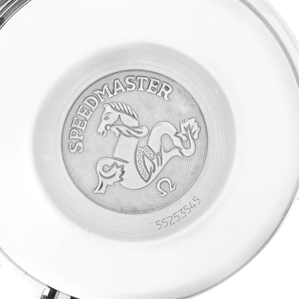 The image shows the case back of an Omega Speedmaster 3511.80.00 Men
s Stainless Steel Blue Dial 3511.80.00 Men
s Stainless Steel Blue Dial watch, featuring the engraved logo and a serial number.