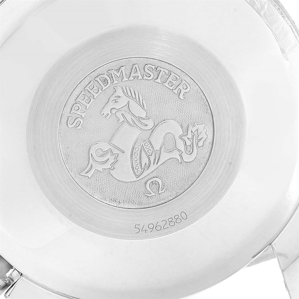 This image shows the engraved case back of an Omega Speedmaster 3513.51.00 Men
s Stainless Steel Black Dial 3513.51.00 Men
s Stainless Steel Black Dial watch from a top-down angle.