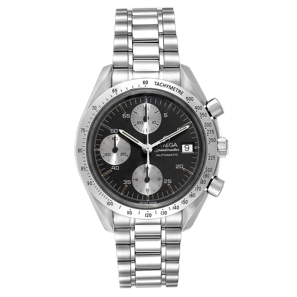This image shows a front view of the Omega Speedmaster 3513.51.00 Men
s Stainless Steel Black Dial 3513.51.00 Men
s Stainless Steel Black Dial watch, displaying its dial, bezel, buttons, and metal bracelet.