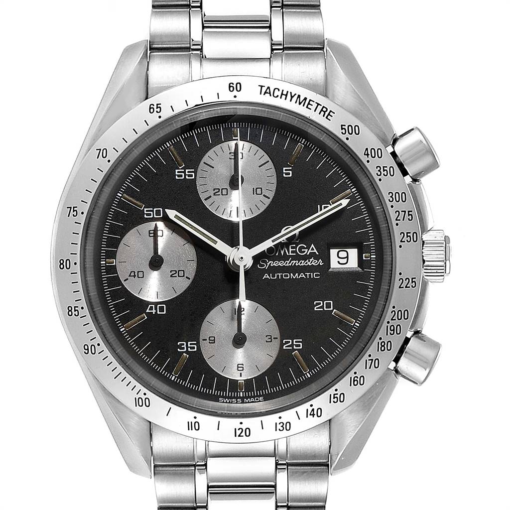 The image shows a front view of an Omega Speedmaster 3513.51.00 Men
s Stainless Steel Black Dial 3513.51.00 Men
s Stainless Steel Black Dial watch, displaying the face, chronograph dials, date, and bracelet.