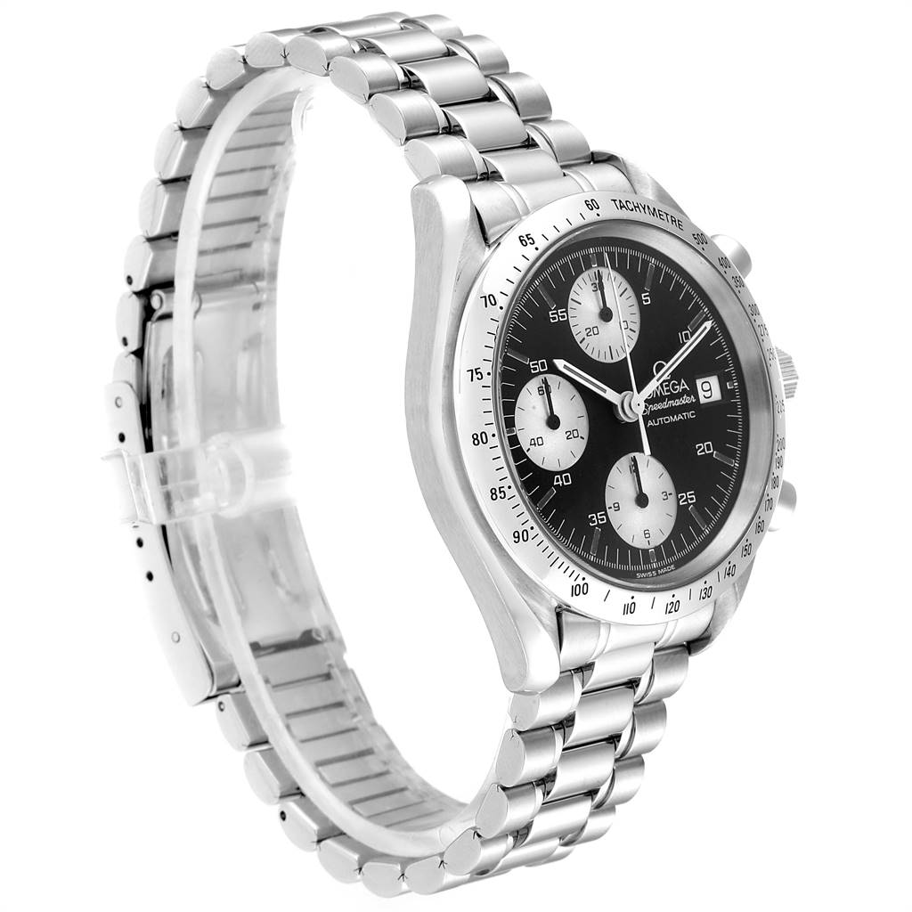 The Omega Speedmaster 3513.51.00 Men
s Stainless Steel Black Dial 3513.51.00 Men
s Stainless Steel Black Dial watch is shown from a three-quarter side angle, displaying the band, case, and face.