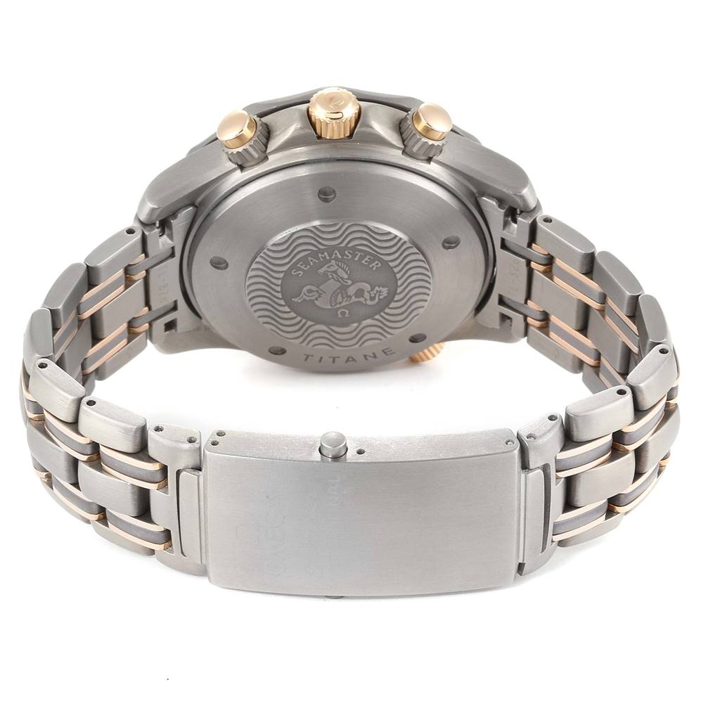 The image shows the back case and bracelet of an Omega Speedmaster 2296.80.00 Men's Titanium Blue Dial 2296.80.00 Men's Titanium Blue Dial watch, viewed from the rear.