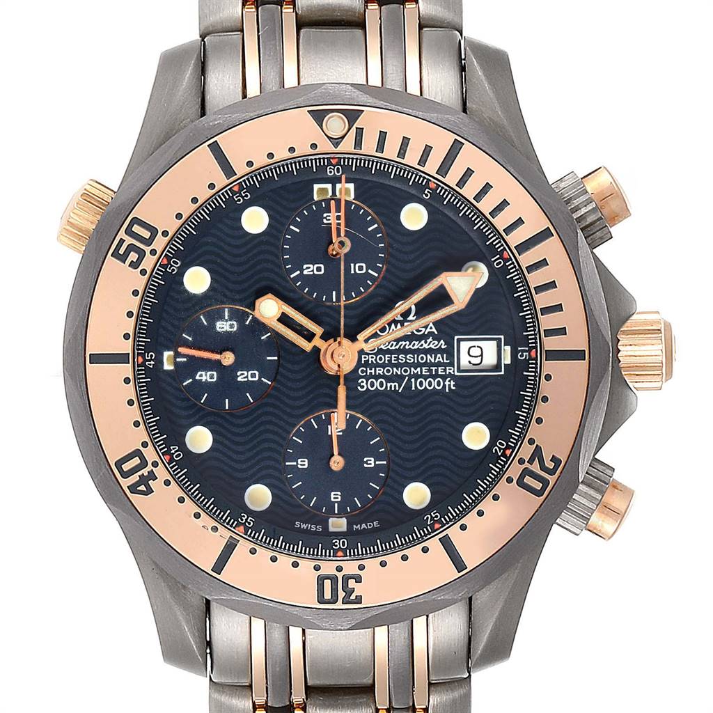 This Omega Speedmaster 2296.80.00 Men's Titanium Blue Dial 2296.80.00 Men's Titanium Blue Dial watch image shows a full frontal view, highlighting the dial, bezel, and bracelet.