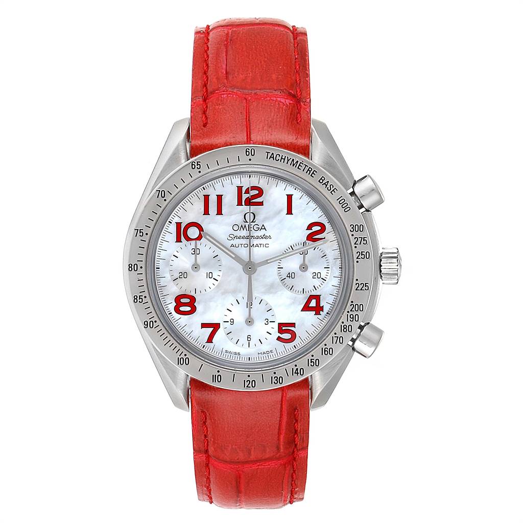 This image shows a top view of the Omega Speedmaster 3834.79.40 Women's Stainless Steel Mother of Pearl Dial 3834.79.40 Women's Stainless Steel Mother of Pearl Dial watch featuring a red leather strap and tachymeter bezel.