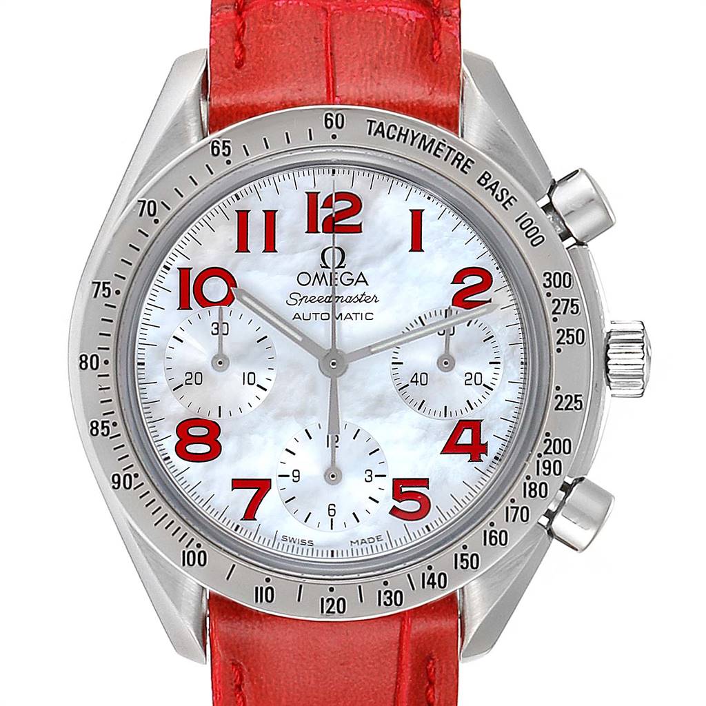 The image displays a front view of the Omega Speedmaster 3834.79.40 Women's Stainless Steel Mother of Pearl Dial 3834.79.40 Women's Stainless Steel Mother of Pearl Dial watch, featuring a red leather band and a tachymeter bezel.