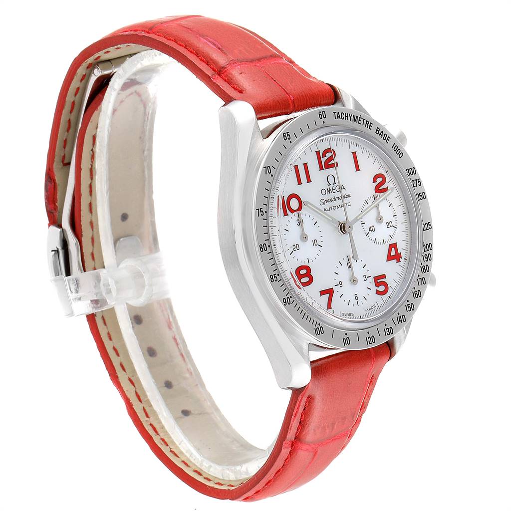 This image shows an Omega Speedmaster 3834.79.40 Women's Stainless Steel Mother of Pearl Dial 3834.79.40 Women's Stainless Steel Mother of Pearl Dial watch at a three-quarter angle, highlighting its red leather strap and white dial with red numerals.
