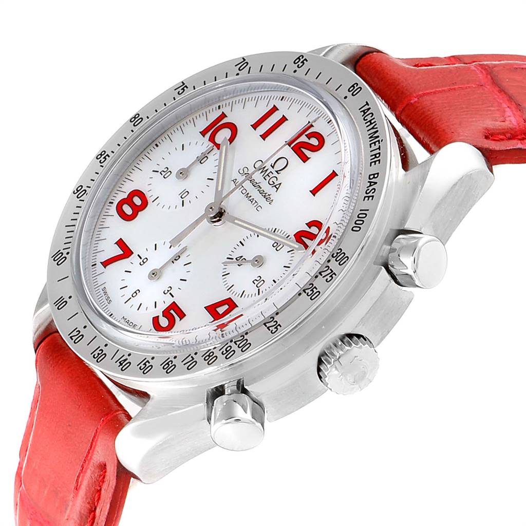 This image shows an Omega Speedmaster 3834.79.40 Women's Stainless Steel Mother of Pearl Dial 3834.79.40 Women's Stainless Steel Mother of Pearl Dial watch at an angled view, highlighting the face, side buttons, crown, and red leather strap.