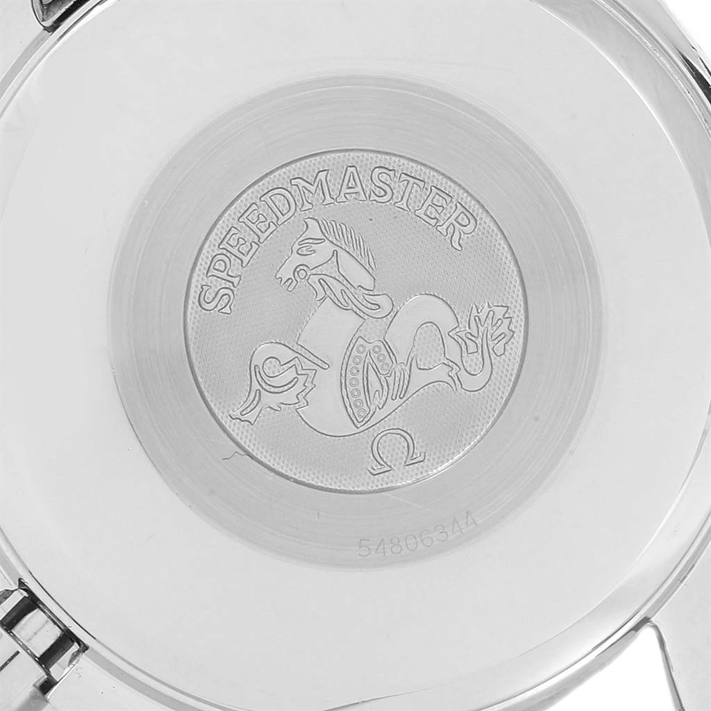 The image shows the case back of an Omega Speedmaster 3511.50.00 Men
s Stainless Steel Black Dial 3511.50.00 Men
s Stainless Steel Black Dial watch, featuring the engraved Speedmaster logo and serial number.