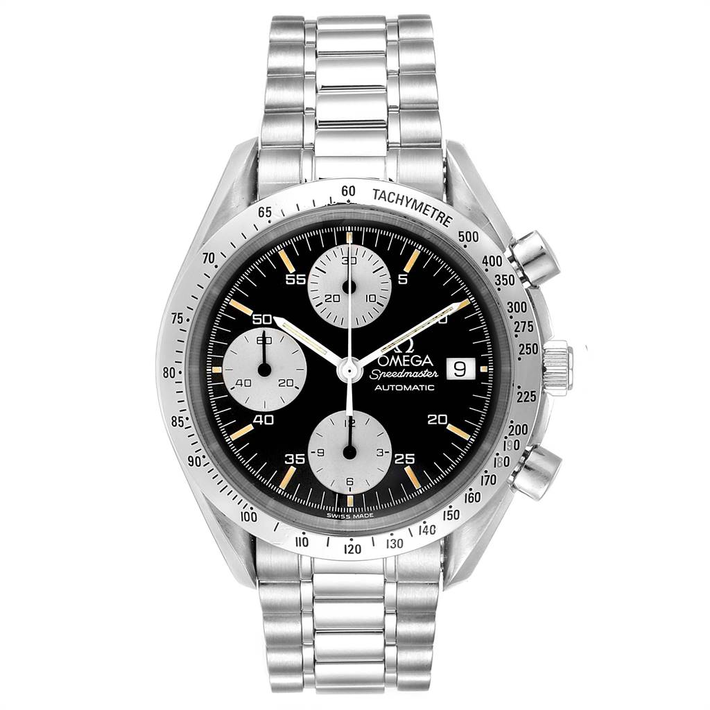 The Omega Speedmaster 3511.50.00 Men
s Stainless Steel Black Dial 3511.50.00 Men
s Stainless Steel Black Dial watch is shown from a top-down angle, highlighting its face, bezel, and metal bracelet.