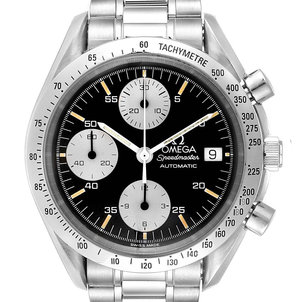 The image shows a front view of an Omega Speedmaster 3511.50.00 Men
s Stainless Steel Black Dial 3511.50.00 Men
s Stainless Steel Black Dial watch, displaying its dial, sub-dials, bezel, and part of the bracelet.