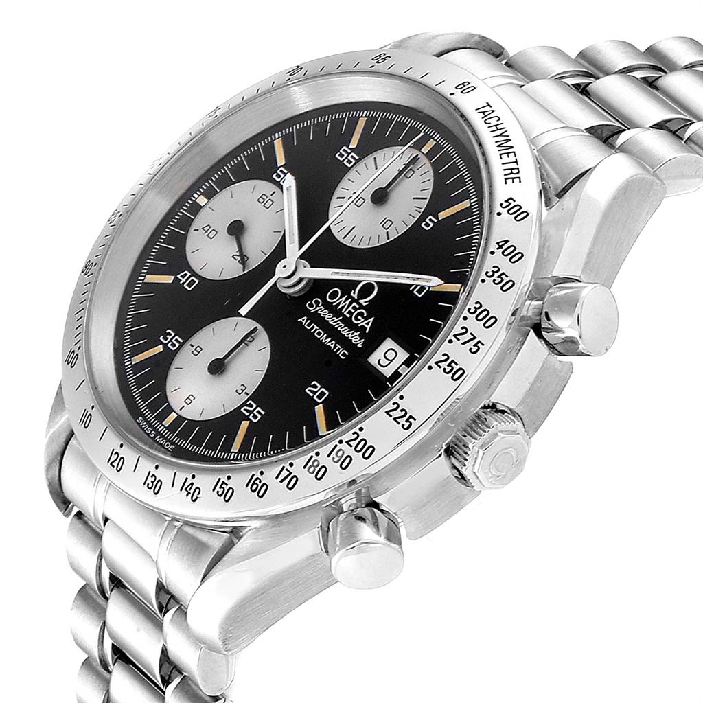 This image shows an Omega Speedmaster 3511.50.00 Men
s Stainless Steel Black Dial 3511.50.00 Men
s Stainless Steel Black Dial watch at a slight angle, featuring the dial, tachymeter bezel, pushers, and bracelet.