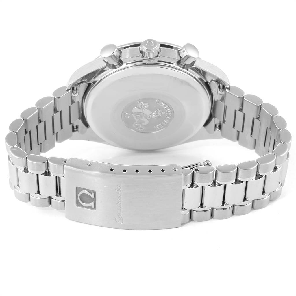 This image shows the Omega Speedmaster 3511.50.00 Men
s Stainless Steel Black Dial 3511.50.00 Men
s Stainless Steel Black Dial watch from a rear angle, highlighting the case back, pushers, crown, and bracelet clasp.