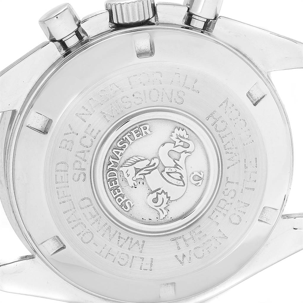 This image shows the case back of the Omega Speedmaster 3570.50.00 Men
s Stainless Steel Black Dial 3570.50.00 Men
s Stainless Steel Black Dial watch with the inscriptions and emblem visible.