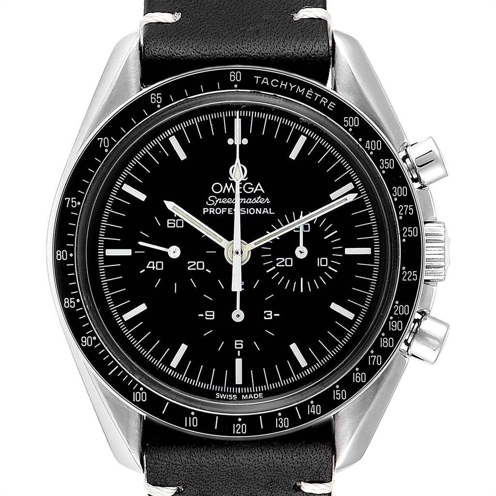 This image shows a front view of the Omega Speedmaster 3570.50.00 Men
s Stainless Steel Black Dial 3570.50.00 Men
s Stainless Steel Black Dial watch, highlighting the dial, chronograph subdials, and tachymeter bezel.