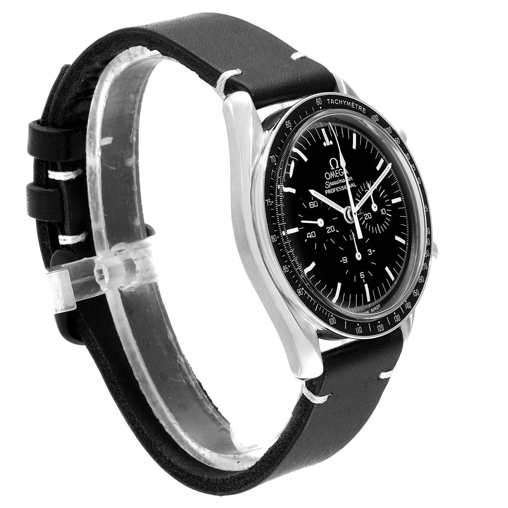 The Omega Speedmaster 3570.50.00 Men
s Stainless Steel Black Dial 3570.50.00 Men
s Stainless Steel Black Dial watch is shown at a three-quarter angle, highlighting the black dial, tachymeter bezel, and leather strap.