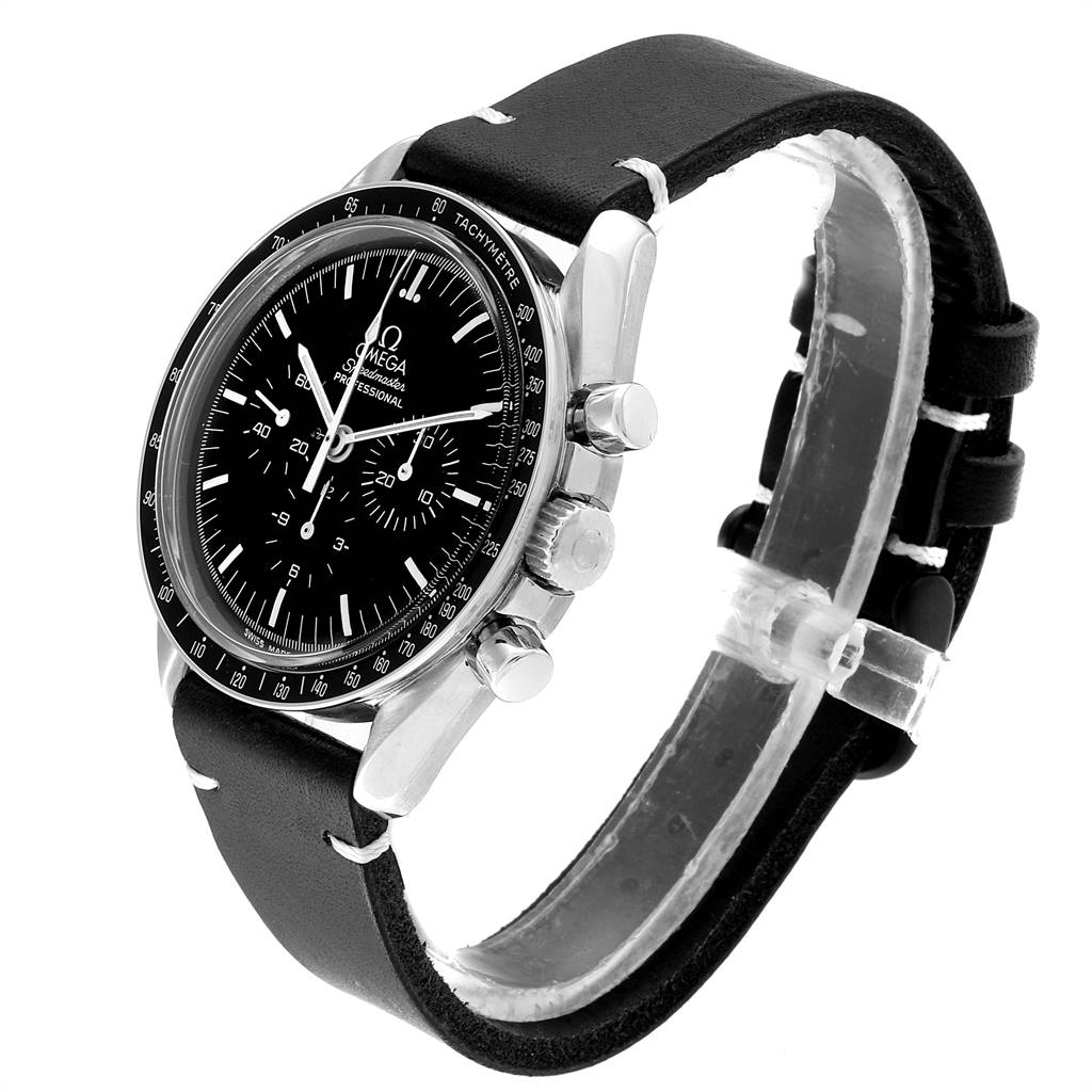 The Omega Speedmaster 3570.50.00 Men
s Stainless Steel Black Dial 3570.50.00 Men
s Stainless Steel Black Dial watch is shown at a three-quarter angle, highlighting the face, bezel, pushers, crown, and leather strap.