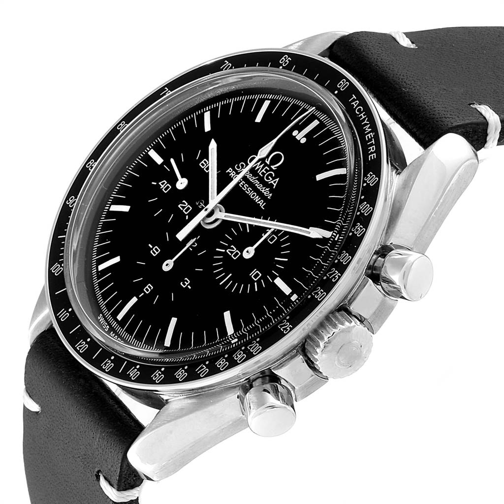 The image shows an Omega Speedmaster 3570.50.00 Men
s Stainless Steel Black Dial 3570.50.00 Men
s Stainless Steel Black Dial watch from a 3/4 angle, highlighting the case, bezel, dial, crown, pushers, and leather strap.