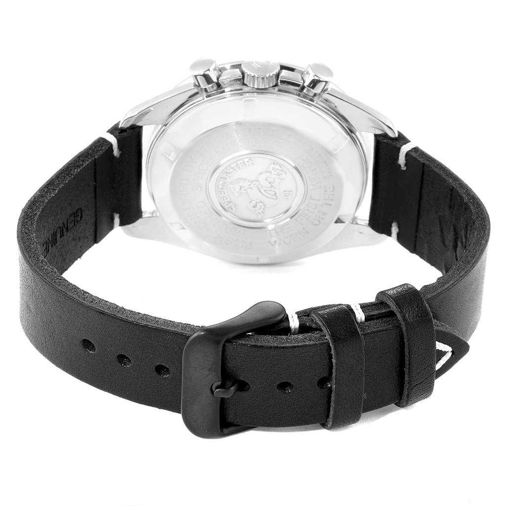 The image shows the back view of an Omega Speedmaster 3570.50.00 Men
s Stainless Steel Black Dial 3570.50.00 Men
s Stainless Steel Black Dial watch, highlighting the case back, pushers, crown, and leather strap.