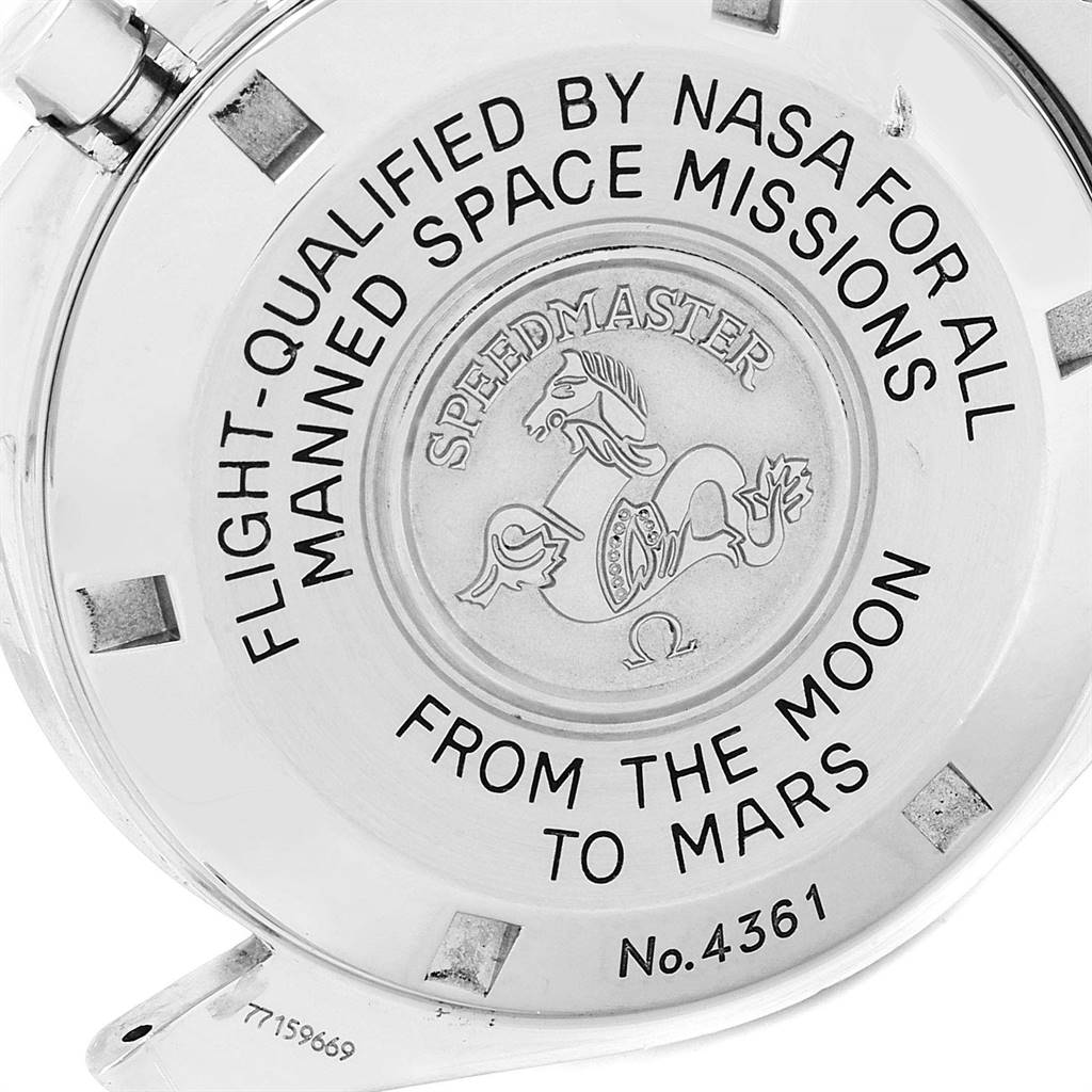 The image shows the engraved back case of an Omega Speedmaster 3577.50.00 Men
s Stainless Steel Black Dial 3577.50.00 Men
s Stainless Steel Black Dial watch, highlighting its Best Quality
ation and unique number.