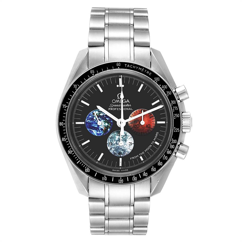 The Omega Speedmaster 3577.50.00 Men
s Stainless Steel Black Dial 3577.50.00 Men
s Stainless Steel Black Dial watch is shown from the front, displaying the face, bezel, and metal bracelet.