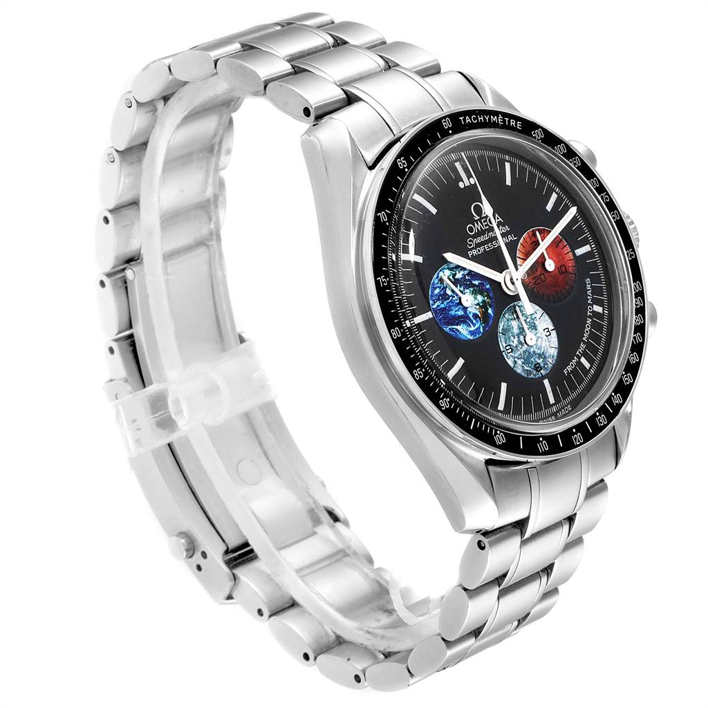 The image shows an Omega Speedmaster 3577.50.00 Men
s Stainless Steel Black Dial 3577.50.00 Men
s Stainless Steel Black Dial watch angled slightly from the side, highlighting its stainless steel bracelet and detailed dial.