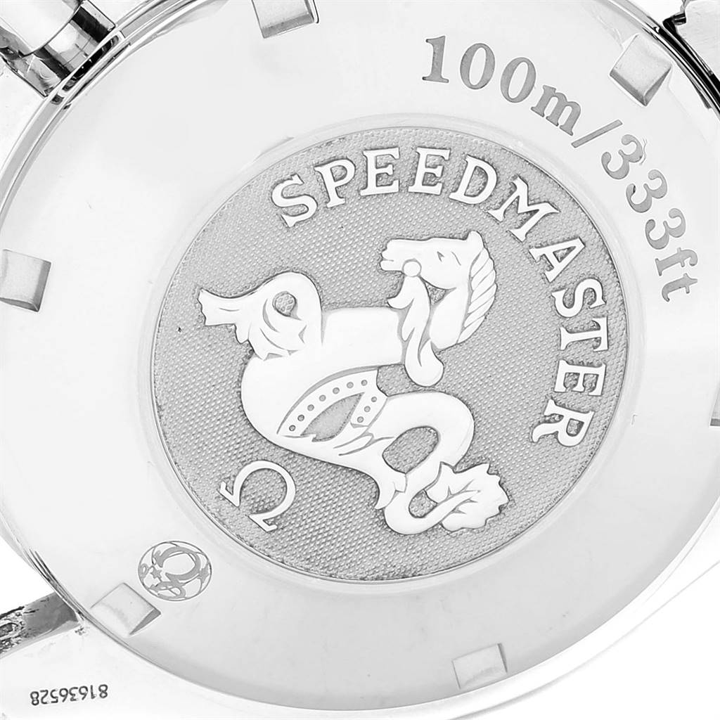 The image shows the case back of the Omega Speedmaster 3212.80.00 Men
s Stainless Steel Blue Dial 3212.80.00 Men
s Stainless Steel Blue Dial watch with branding and water resistance details.